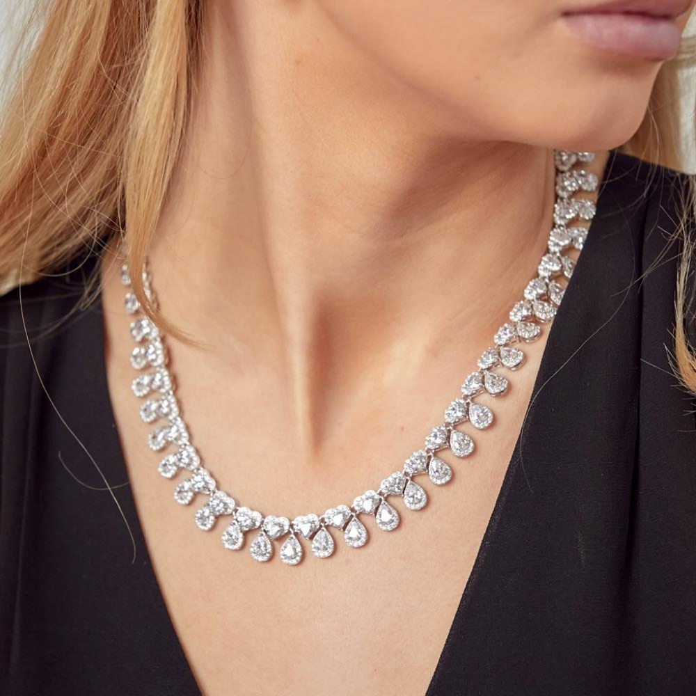 Rhodium Plated 925 Sterling Silver Teardrop Heart CZ Tennis Necklace - Picture 4 of 6